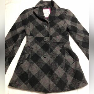 Aeropostale black and gray pink plaid fitted wool peacoat size Small emo goth